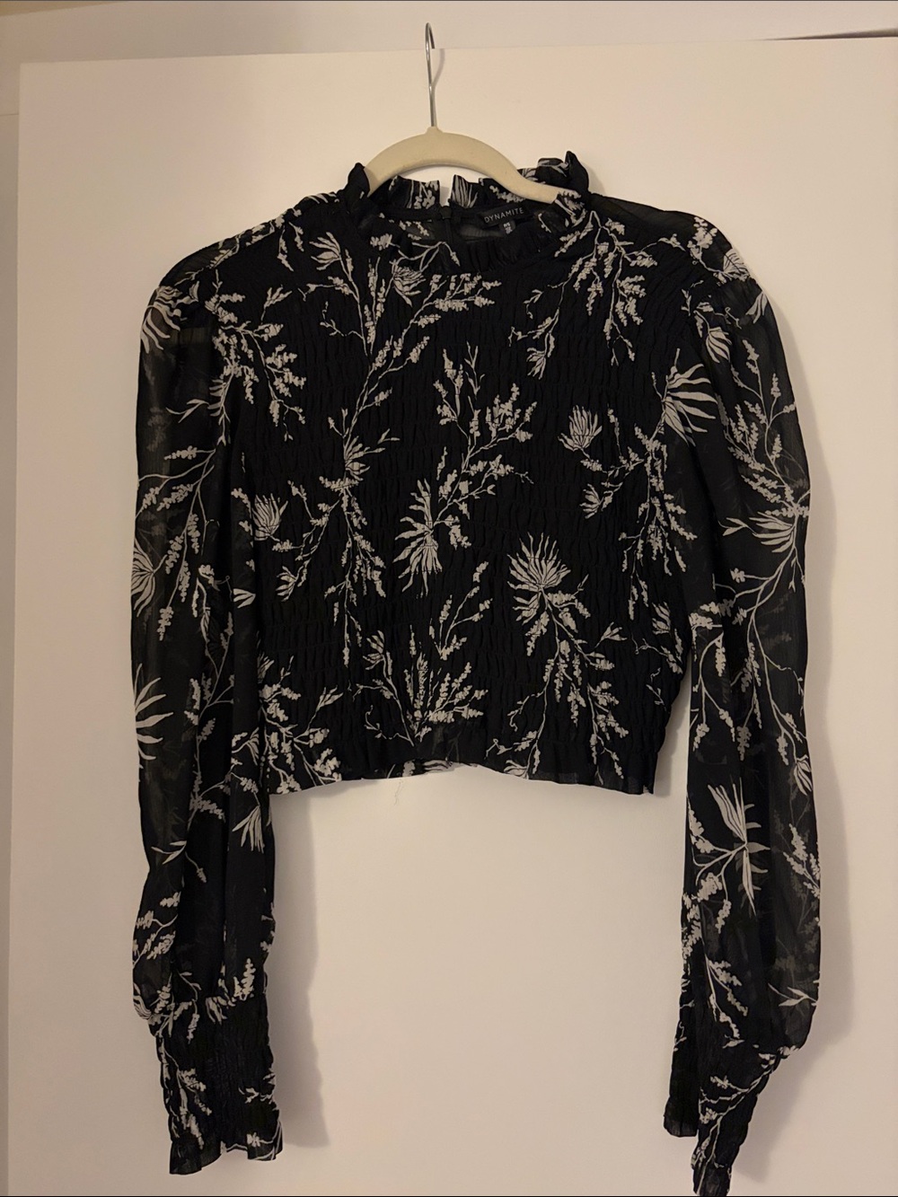 Dynamite Black Floral Smocked Sheer-Sleeve Blouse